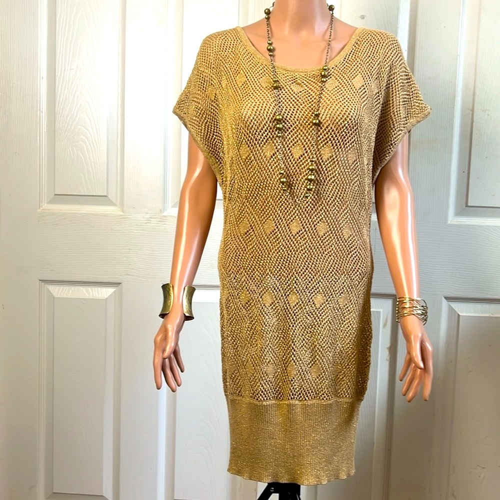Venue Gold Sparkling Crochet Knit Sweater Dress Sz Large